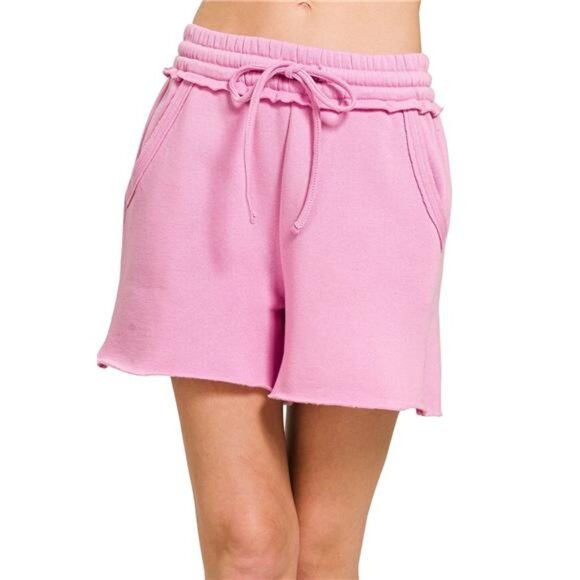 Zenana Fleece Raw Hem Shorts With Draw String - Picture 1 of 3